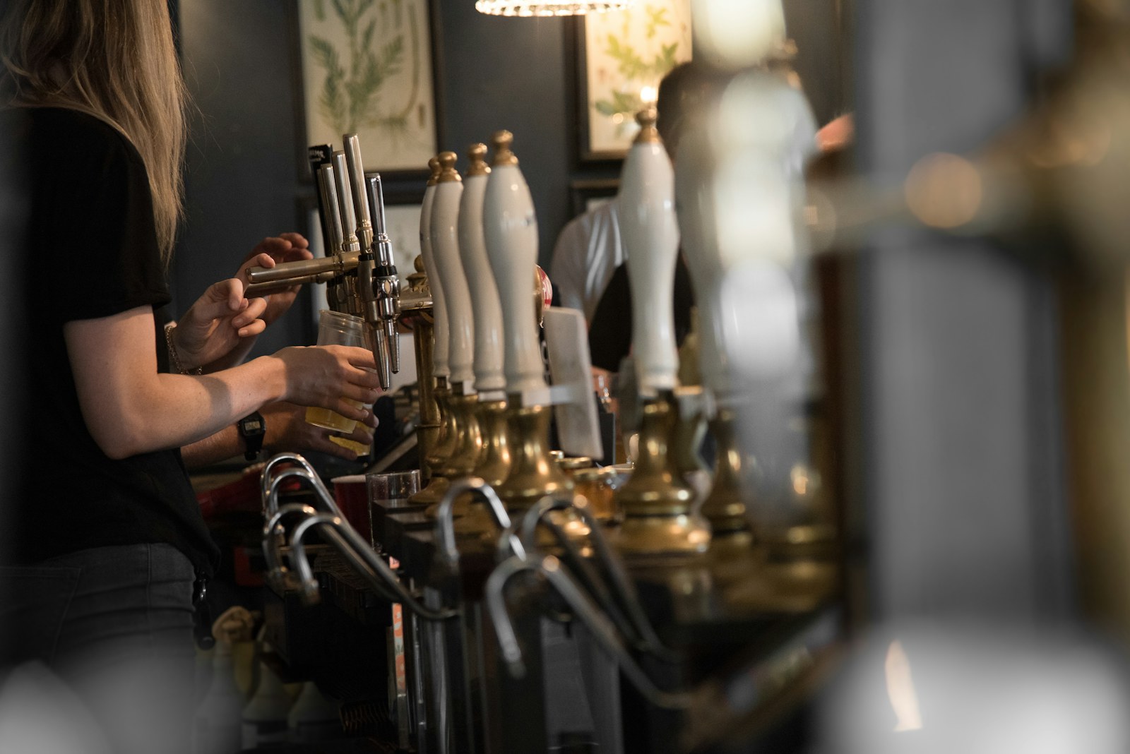 Beer being served beside tap handles
