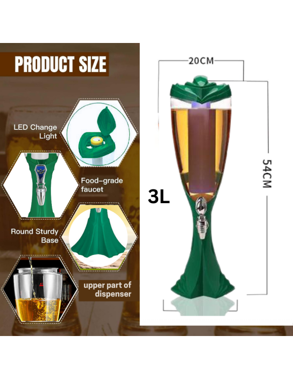 BARRAID Beer Tower, 3000 ml Capacity, Multicolour LED Lights (Green) gallery image 3