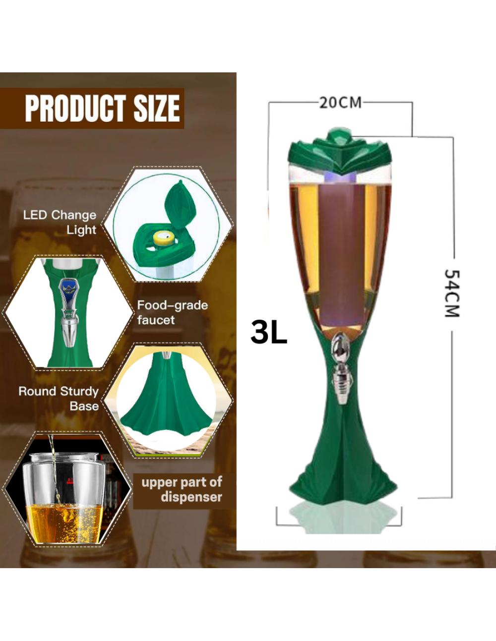 BARRAID Beer Tower, 3000 ml Capacity, Multicolour LED Lights (Green) gallery image 4