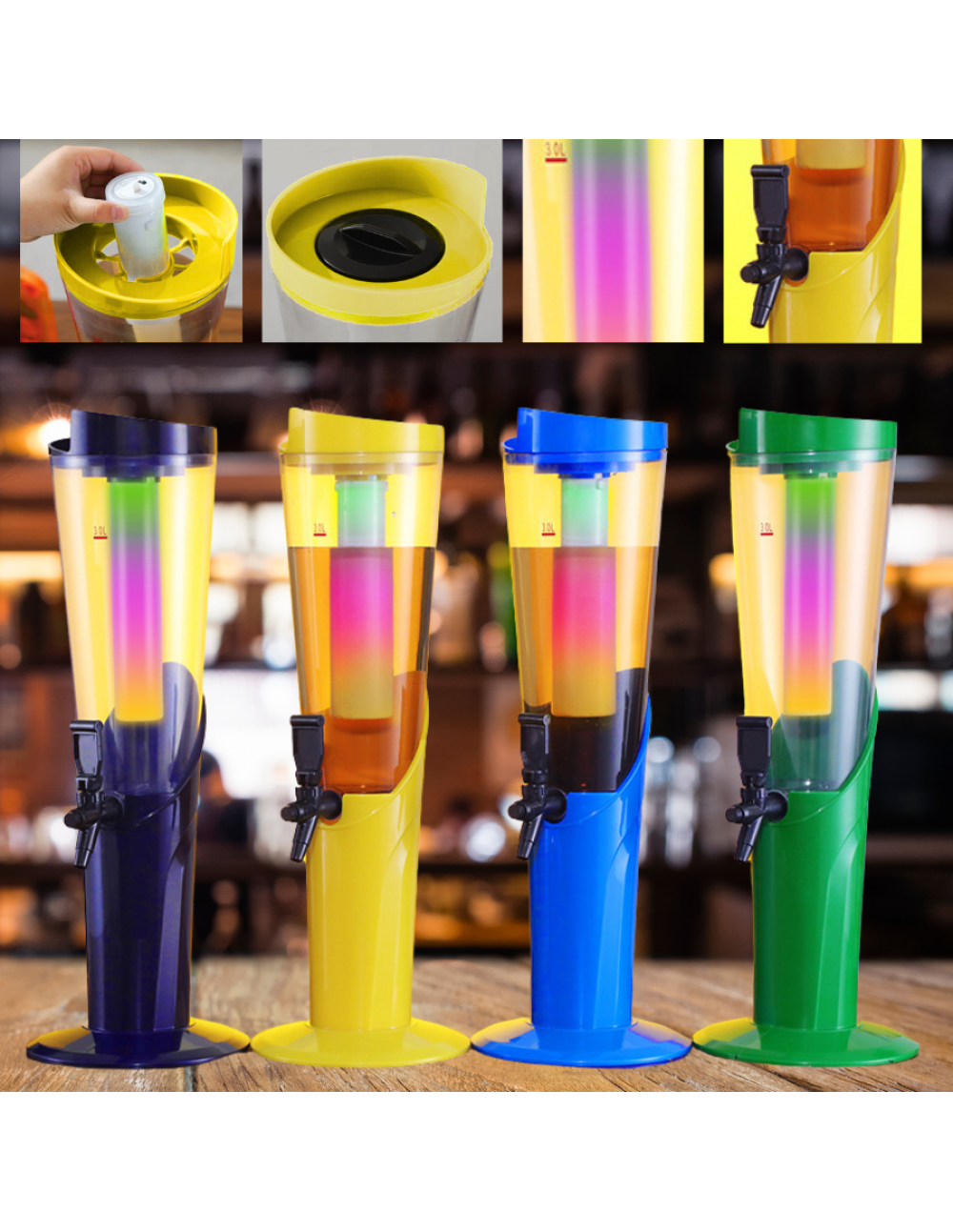 BARRAID 3L Draft Beer Tower with Sparkling Light Ice Tube – Beverage Dispenser for Beer, Liquor, and Drinks – 3000ml Capacity, YELLOW gallery image 1