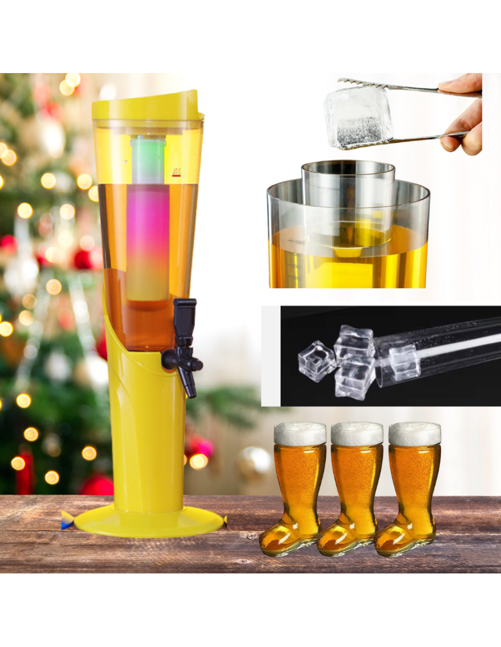 BARRAID 3L Draft Beer Tower with Sparkling Light Ice Tube – Beverage Dispenser for Beer, Liquor, and Drinks – 3000ml Capacity, YELLOW gallery image 2