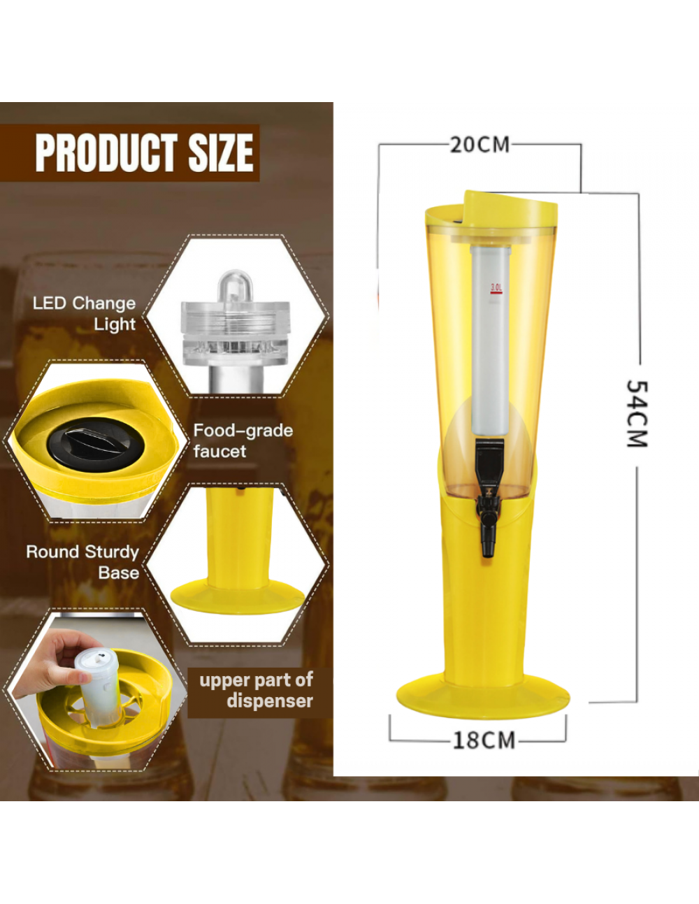 BARRAID 3L Draft Beer Tower with Sparkling Light Ice Tube – Beverage Dispenser for Beer, Liquor, and Drinks – 3000ml Capacity, YELLOW gallery image 3