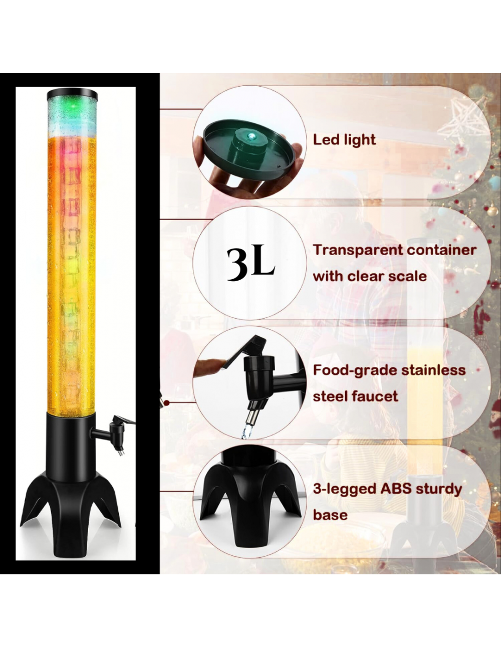 BARRAID Custom Tall Table Beer/Liquor Dispenser/Decanter for Beer/Whisky/Wine Capacity for Party/Home/Bars/Pubs with Multi Sparking LED Light ice Tube(3000 ml/3 L) (Black) gallery image 1