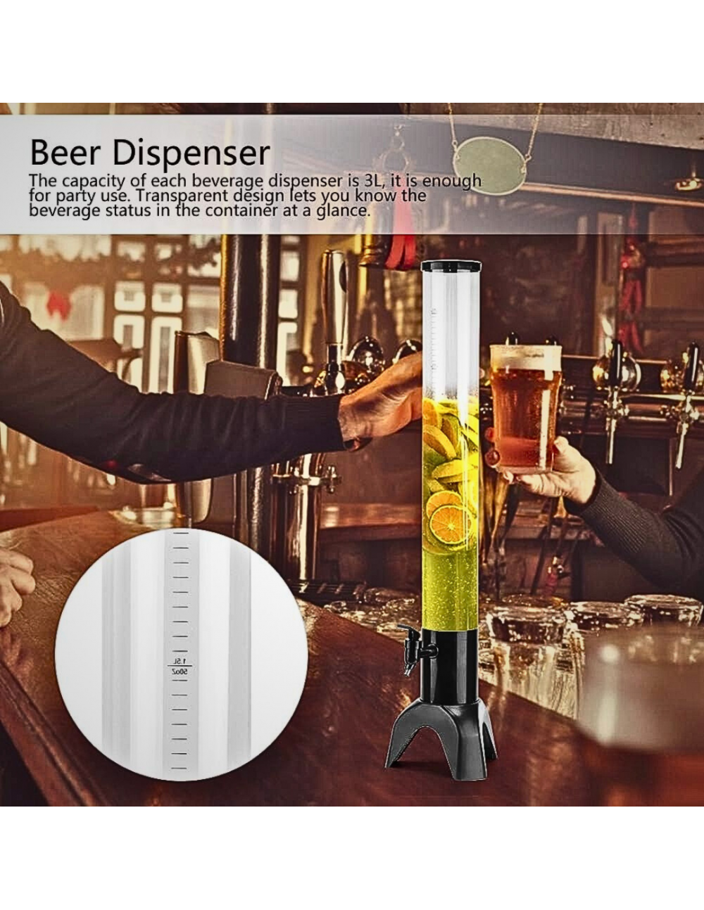 BARRAID Custom Tall Table Beer/Liquor Dispenser/Decanter for Beer/Whisky/Wine Capacity for Party/Home/Bars/Pubs with Multi Sparking LED Light ice Tube(3000 ml/3 L) (Black) gallery image 3