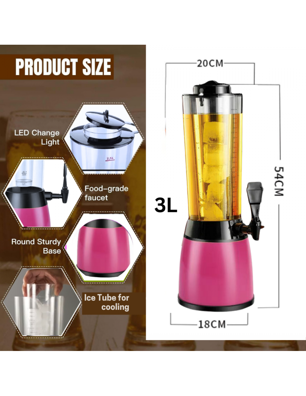 BARRAID Elite Tower/Dispenser/Decanter for Beer/Whisky/Wine Capacity for Party/Home/Bars/Pubs (3000 ml/3 L) (PINK) gallery image 4