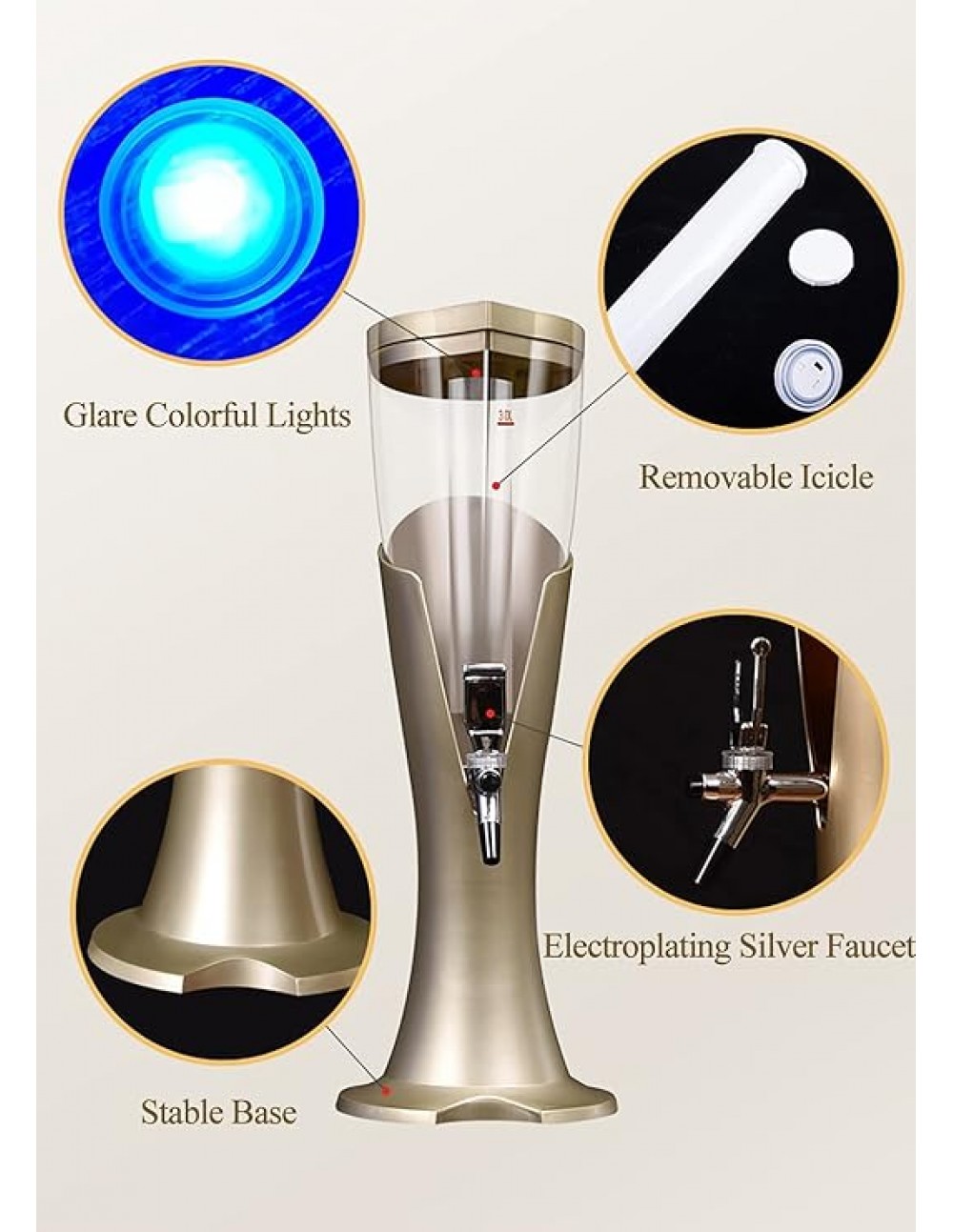 BARRAID Beer Tower Beverage Dispenser, 3 Litre, Tabletop Draft Drink Dispenser (Silver) gallery image 1